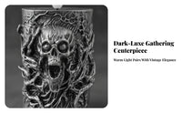 Gothic Electronic Candle | Glowing Flame-flickering bulb, Antique Silver Finish, cranium Candle, for Halloween