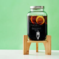 Glass Jar Drink Dispenser with Metal Stand, 5L Glass Water Container for Home Bar, Round Iced Tea Party Beverage Jug with Stainless Steel Tap