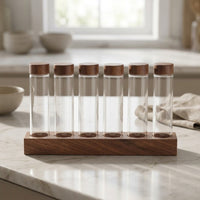 Single-Dose Coffee Bean Display Rack Wooden Coffee Bean Cellar with Wood Base Airtight Glass Tube Holder Countertop for Baristas, Espresso Station