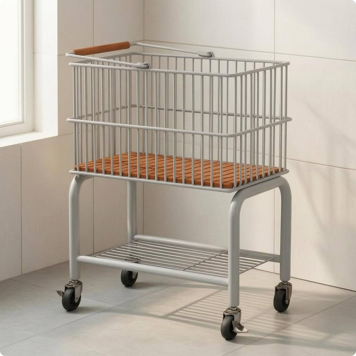 Wire Laundry Basket Trolley Wooden Handle Wheeled Laundry Rack Two-Tier