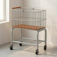 Wire Laundry Basket Trolley Wooden Handle Wheeled Laundry Rack Two-Tier