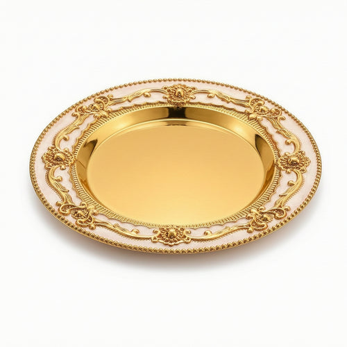 Round Tray with Embossed Rim Vintage-Inspired for Candle Display