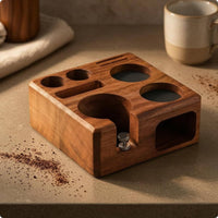 Walnut Wood Espresso Tamping Station  Recessed Openings Espresso Tamper Stand Compact Countertop Storage
