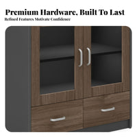 Walnut Finish Low Credenza with Glass Doors Modern Design Office Furniture Lockable Drawers Storage Cabinet for Business Owners, Administrative personnel, Decor devotees, Study Room