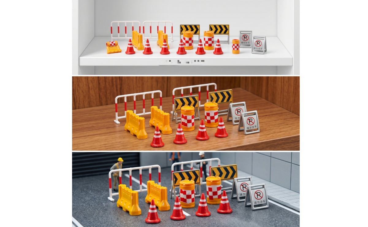 14 Pieces Road Construction Props 1:64 Scale Road Construction Signs Detailed Diorama Accessories for Hobbyists