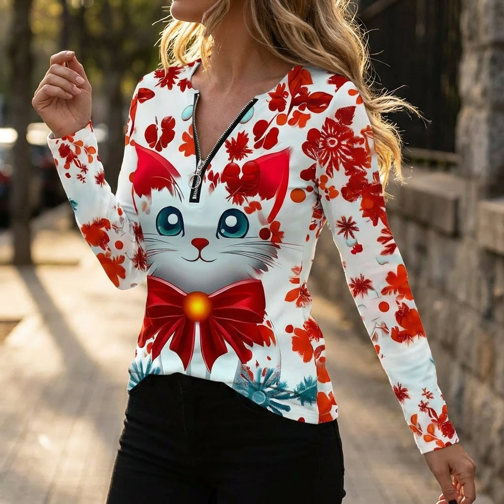 women's Zip Neck Top Holiday Themed Quarter-Zip Pullover Stand Graphic Print Shirt for Adults, Athletes, Daily Wear, Travel, Outdoor Activities