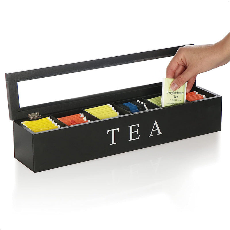 Wooden Tea Bag Storage Box with Flip Lid and Compartments for Coffee Capsules, Watches, and Jewelry