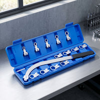 12-Point Belt Adjustment Wrench E-Style Engine Belt Tool Kit Long-Reach Wrench with Interchangeable Heads Curved for Mechanics, DIYers, Garage, Workshop