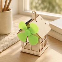 Natural Wood Solar Powered Wooden House Model Green Fan Wooden Model House Kit Pitched Roof Learning Toy Accessible Window Cutouts