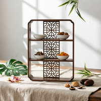 Wood Display Shelf with Carved Lattice Compact Three-Tier Shelf Small Space Wooden Bookshelf for Living Room