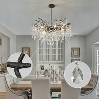 Black Chandelier with Crystal Pendants Dimmable Branch Chandelier Organic Ceiling Light Fixture Clear for Dining Room, Bedroom