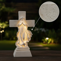 Cross Figurine with Praying Hands Distressed Statue with Light Lighted Cross Figurine for Balcony
