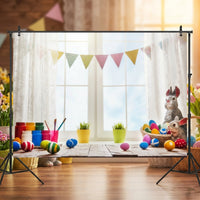 Easter Photography Backdrop Festive Design Easter Bunny Photo Background Vinyl Material Colored Egg Party Background for Families, Kids, Parties, Home