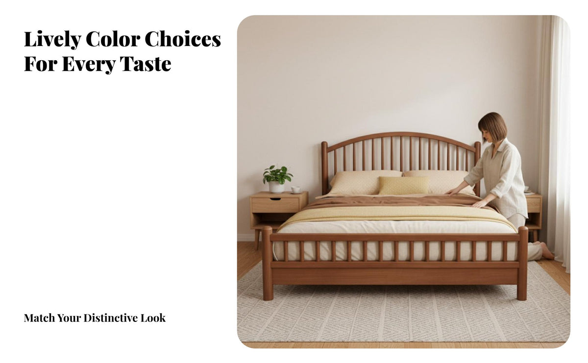 sturdy Wood Construction Spindle posterior Bed Nordic design Spindle Headboard Bed Walnut Finish Bedroom Furniture Minimalist Design for two people, Adults, Homeowners, Guest Room, Apartment, Rental Property