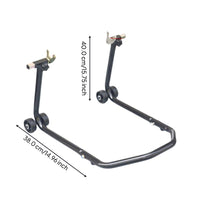 Steel stand lifts motorcycle wheels.