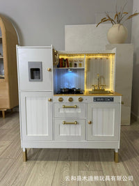 Golden Kitchen Wooden Pretend Play Kitchen Toy with Lights and Sound Effects
