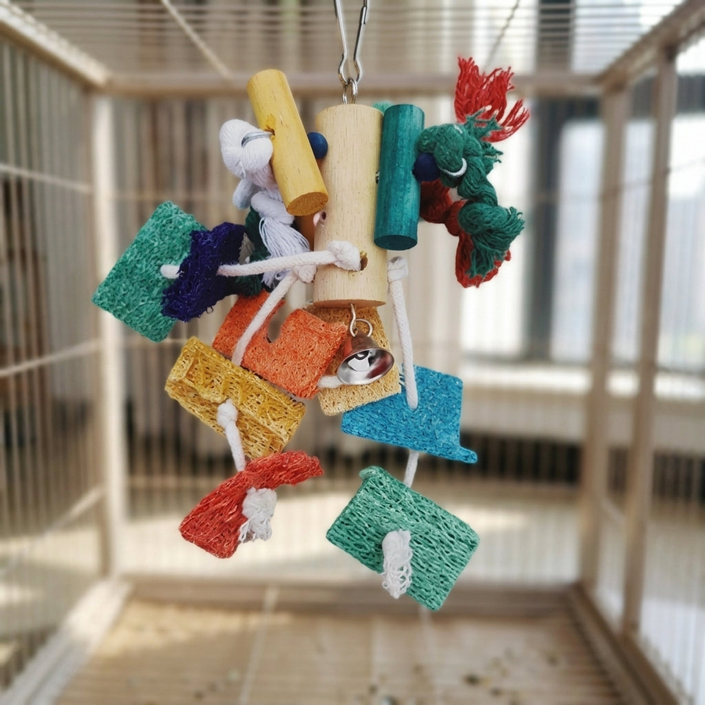 Parrot Toy and Loofah Hanging Foraging Bird Cage Accessory, Climbing Toy for Birds with Metal Hook, Parakeet Toy for Parrot Chewing Enrichment