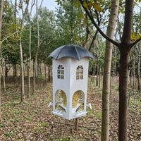 Hanging Bird Feeder, Ornamental Metal Structure, Decorative Garden Decor, Medium Size Outdoor Feeder with 4 Ports, Pearl and Navy Colors