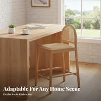 Woven Seat High Stool Wabi-Sabi Aesthetic Bar Chair Sturdy Wood Frame With Backrest for Interior Decorators, Kitchen Island