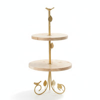Two-Tier Dessert Stand Gold-Tone Cupcake Holder Stand Wooden Shelves Rustic for Home Cooks, Cafes