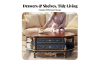 Large Capacity Storage Oval coffee Table with Drawers dual-level Design Oval feature Table with Drawer and Shelf Vintage & design Household Furniture Carved Legs for Families, homeowners, Adults, Living Room, Lounge, Reception Area