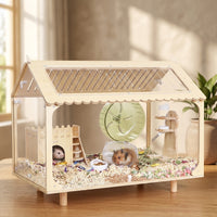 Acrylic Hamster Cage Villa with Mixed Color Wood Landscape and Acrylic Window, Transparent Hamster Cage with Openable Top for Winter Heating Lamp