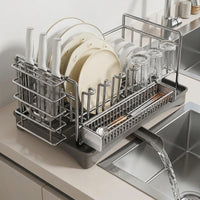 Dish Rack Kitchen Counter Organizer with Utensil Holder and Plate Rack, Carbon Steel Modern Minimalist Style with Knife Block and Drain Spout