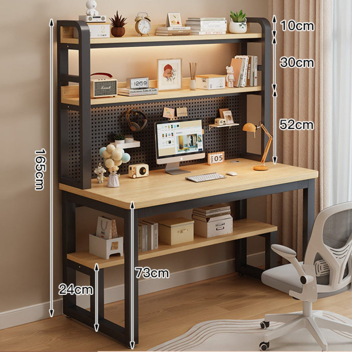 Desk Bookshelf Combo Multifunctional Computer Desk with Hutch Pegboard Wide Desktop Solid Wood Frame Functional Design Suitable for Students Kids Bedroom Dorm Room