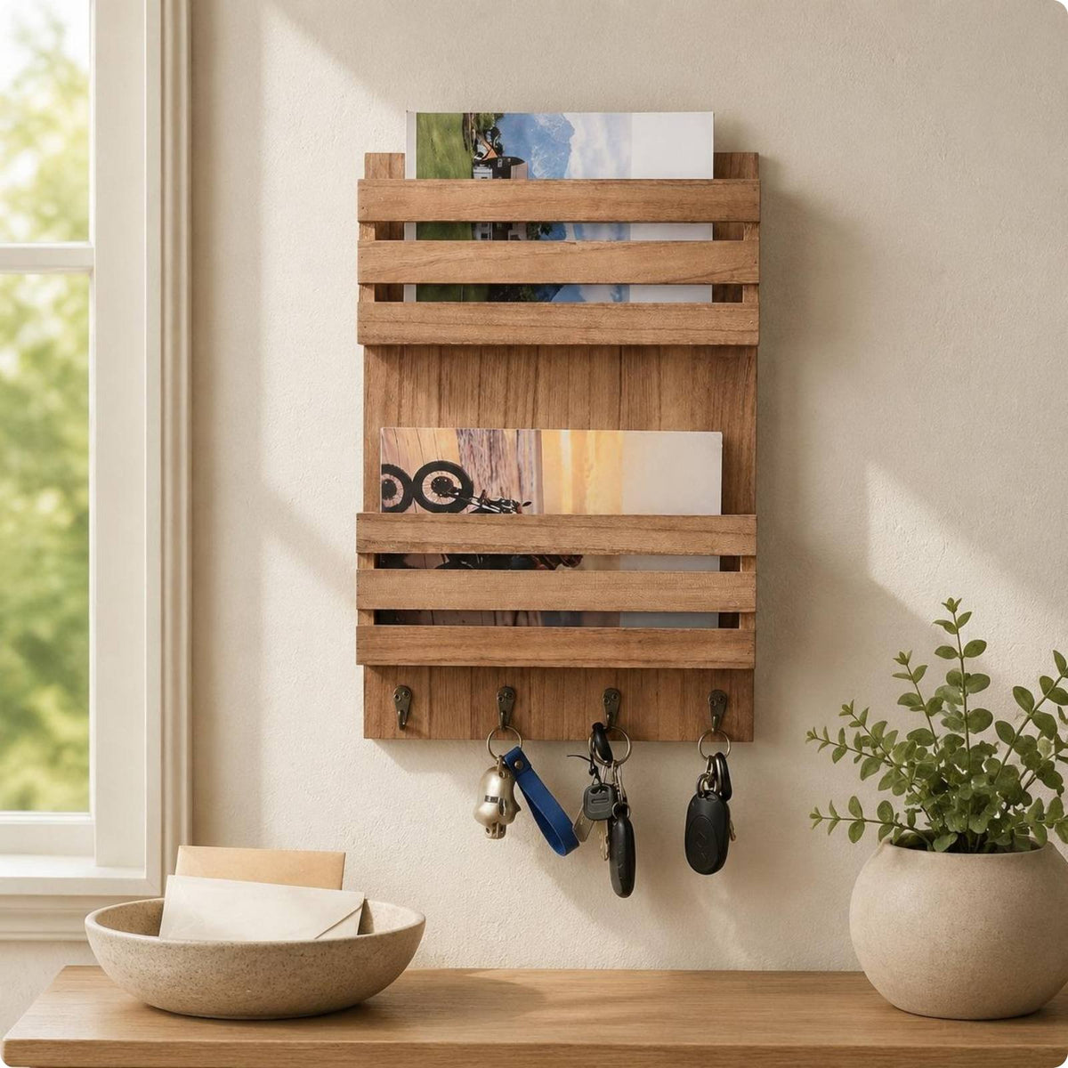 Wood Mail Organizer Double Layer Home Storage Wooden for Office