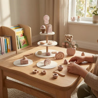 Miniature Tea and Dessert Set Floral Wooden Pretend TeaSet Smooth Rounded Edges