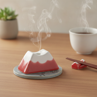 Mount Fuji Ceramic Diffuser Stone & Miniature Ornament Set, Hand-Painted Japanese Micro-Landscape Decor with Cherry Blossom