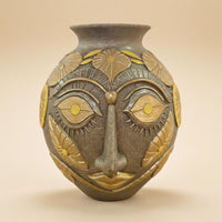 Abstract Face Vase Floral Leaf Patterns Face Relief Vase Flared Opening House Decoration