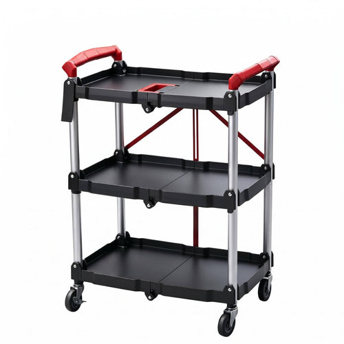 Foldable Three-Tier Tool Trolley Tray-Style Frame Rolling Tool Cart Space-Saving