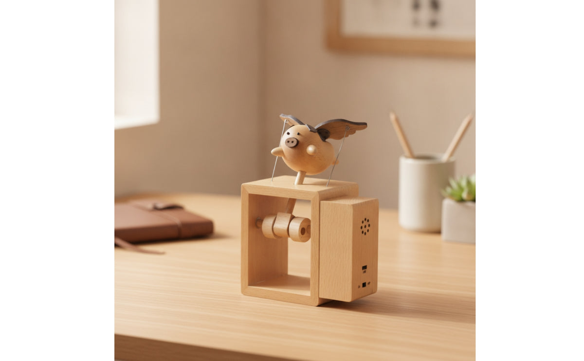 Hovering Piglet Music Box Wood Wooden Music Box Whimsical Wooden Sculpture for Collectors, Desks, Shelves, Bedrooms