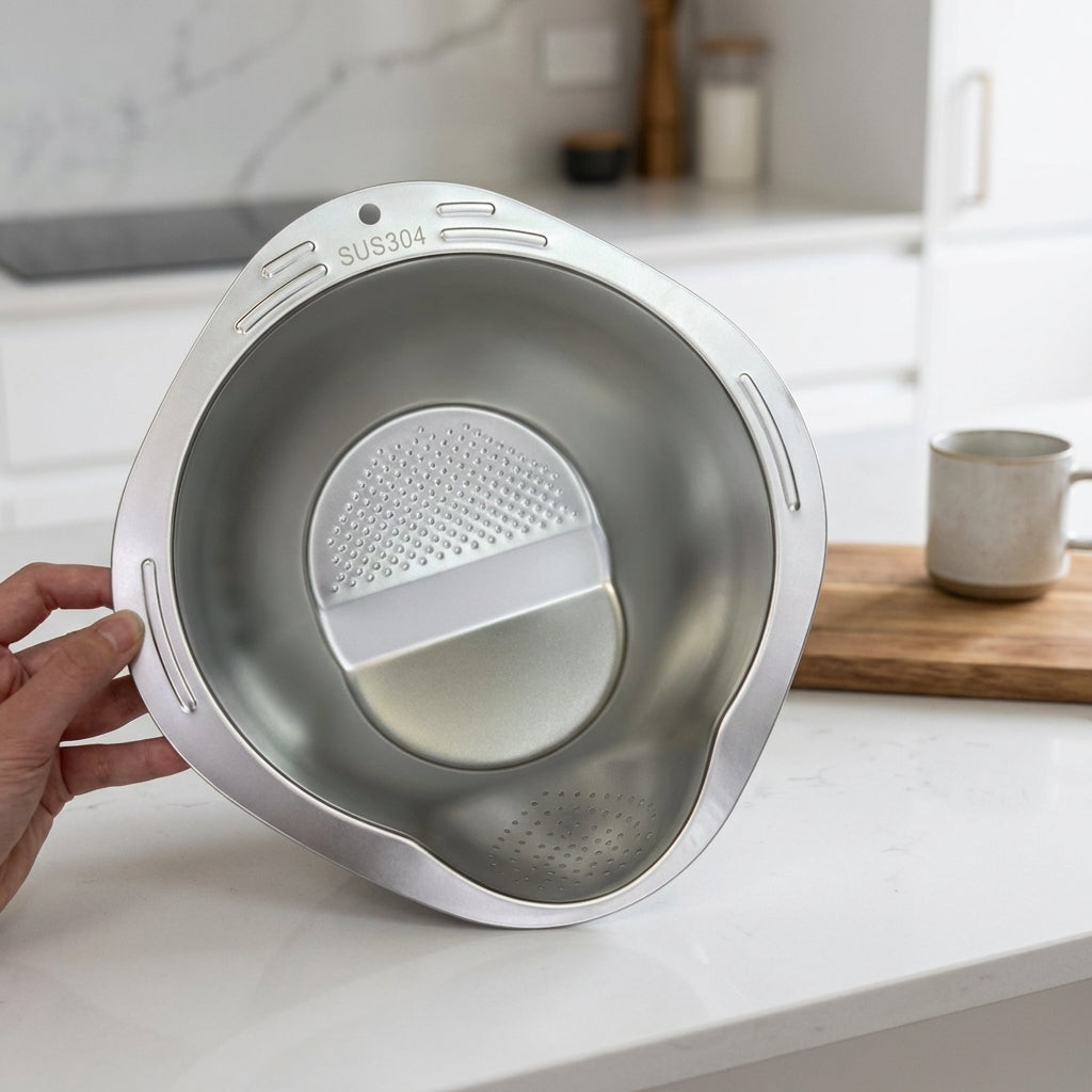 Rice Washer and Vegetable Basin with Grater, 201 Stainless Steel Colander, Kitchen Sink Strainer for Home Food Cooking