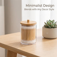 Swab Holder with Bamboo Lid, Transparent Cosmetic Storage Box, Bathroom Vanity Organizer for Makeup, Round Desktop Container