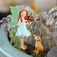 Violin Playing Fairy and dog figurine Statue Weather Resistant Resin Fairy Garden Ornament Hand-Painted Details for Lawn, Terrarium