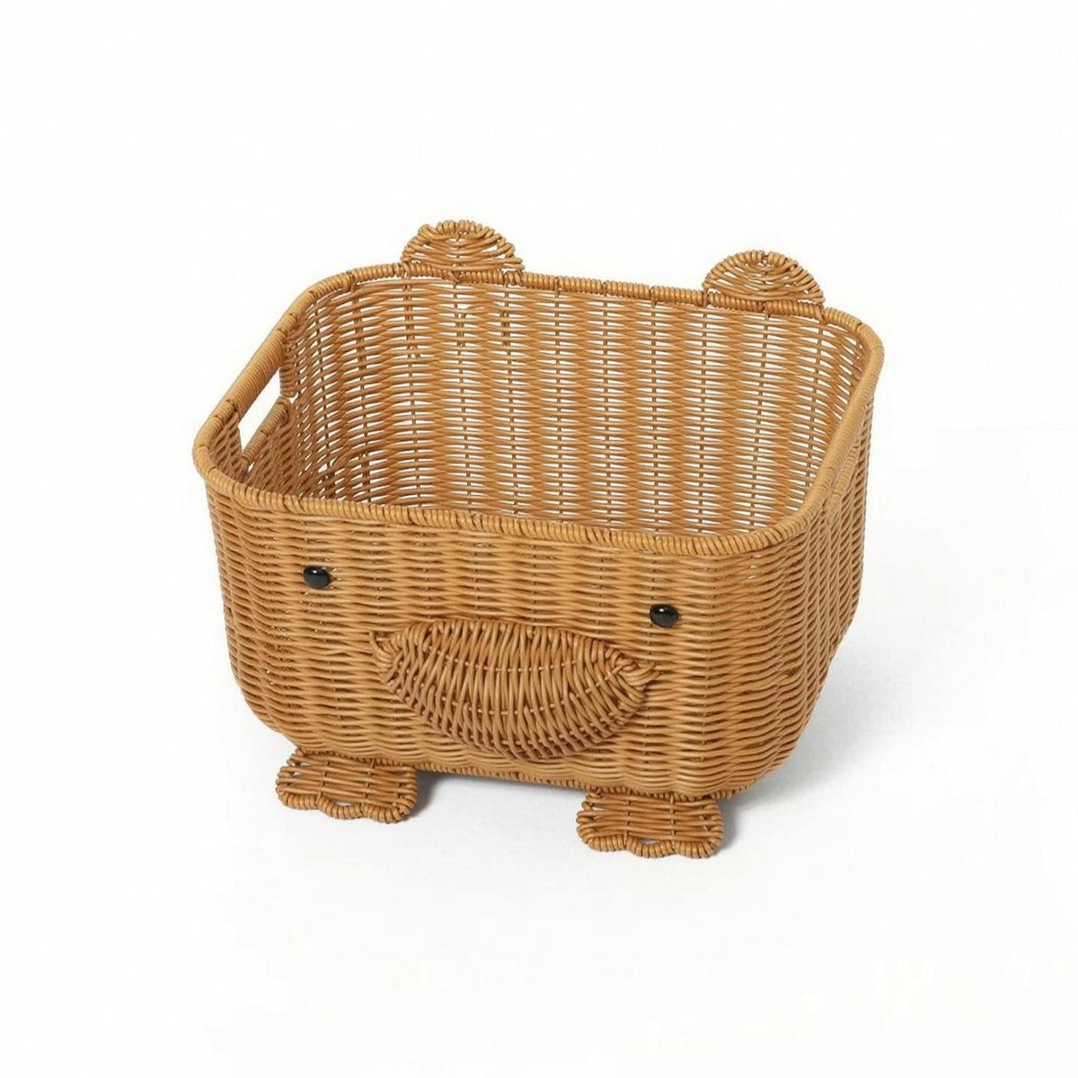 Rattan-Style Bear Storage Basket Open-Top Woven Basket with Ears Compact Animal Storage Bin Decorative for Playroom