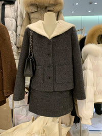 羽绒服外套+半身裙两件套女2025冬季新款加厚撞色海军领毛呢套装