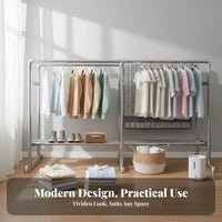 Rolling Dual-rod Garment Rack Heavy-duty Clothing Organizer with Sturdy Rust-resistant Steel Double Rod Design Bottom Storage Shelf Lockable Wheels Windproof Holders for Students Balcony Outdoor Dorm Room Home