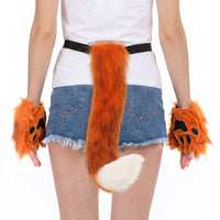 Halloween Simulation Cat Fox Plush Mask, Claws, and Tail Set for Cosplay Party