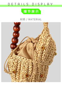 Creative Beaded Seashell Woven Straw Bag, Wooden Beads, Handbag, Summer Beach Bag, Women's Shoulder Bag 2025