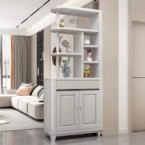 Entryway Storage Cabinet Spacious Countertop Room Divider Shelf Solid Wood Standing Beverage Bar Cabinet with Built-in Glass Rack Suitable for Homeowners Home Styling