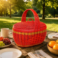 Lidded Picnic Basket Woven Design Wicker Picnic Basket Breathable