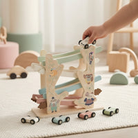 Pastel Wooden Car Ramp with Cars Tabletop Sliding Track Toy with Cars Educational Car Ramp Toy Compact for Toddlers, Preschoolers, Kids, Playroom, Nursery, Preschool