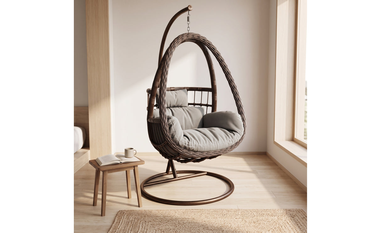 Freestanding Hanging Swing Chair with Stand Woven Wicker Swing Chair with Stand Cushioned Furniture Basket-Style for Balcony