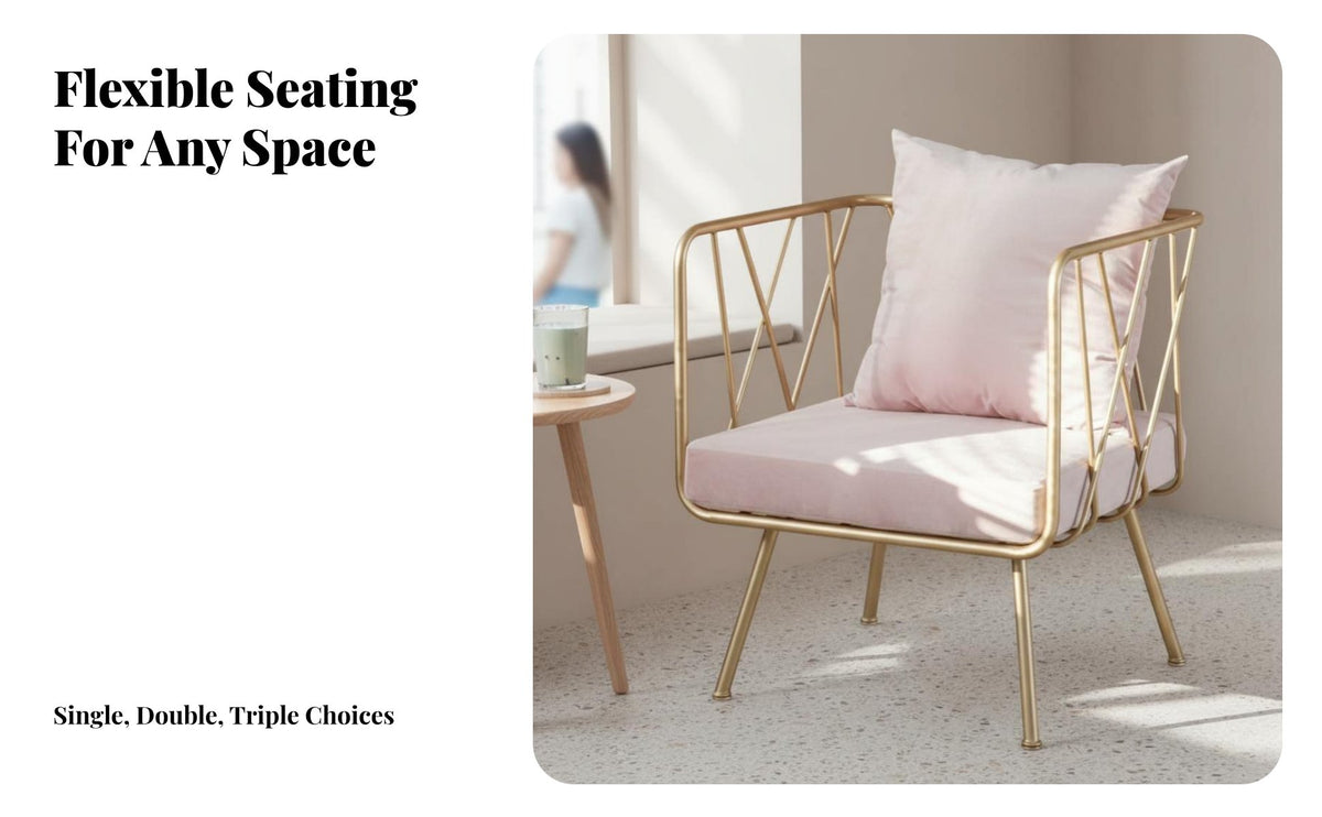 Nordic Design Upholstered Armchair with Metal Frame Instagrammable Accent Seating Modern Design Small Couch Curved Backrest for Interior Designers, Business Owners, Young Adults, Studio, Boutique, Guesthouse, Reception Area