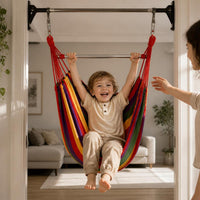 Kids Indoor Hammock Chair with Pull-Up Bar, Heavy-Duty Hanging Swing Seat for Children, No-Drill Installation, Lie-Flat Design
