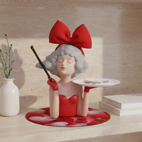 Attracting Tray Statue Red Girl Figurine with Tray Cloud Pattern Base