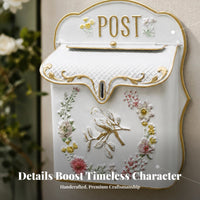 Embossed Floral Bird Mailbox Gold Trim Wall-Mounted Decorative Metal Mailbox